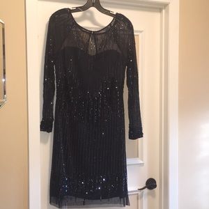 NEW ADRIANNA PAPELL ILLUSION NAVY DRESS 10 SEQUINS
